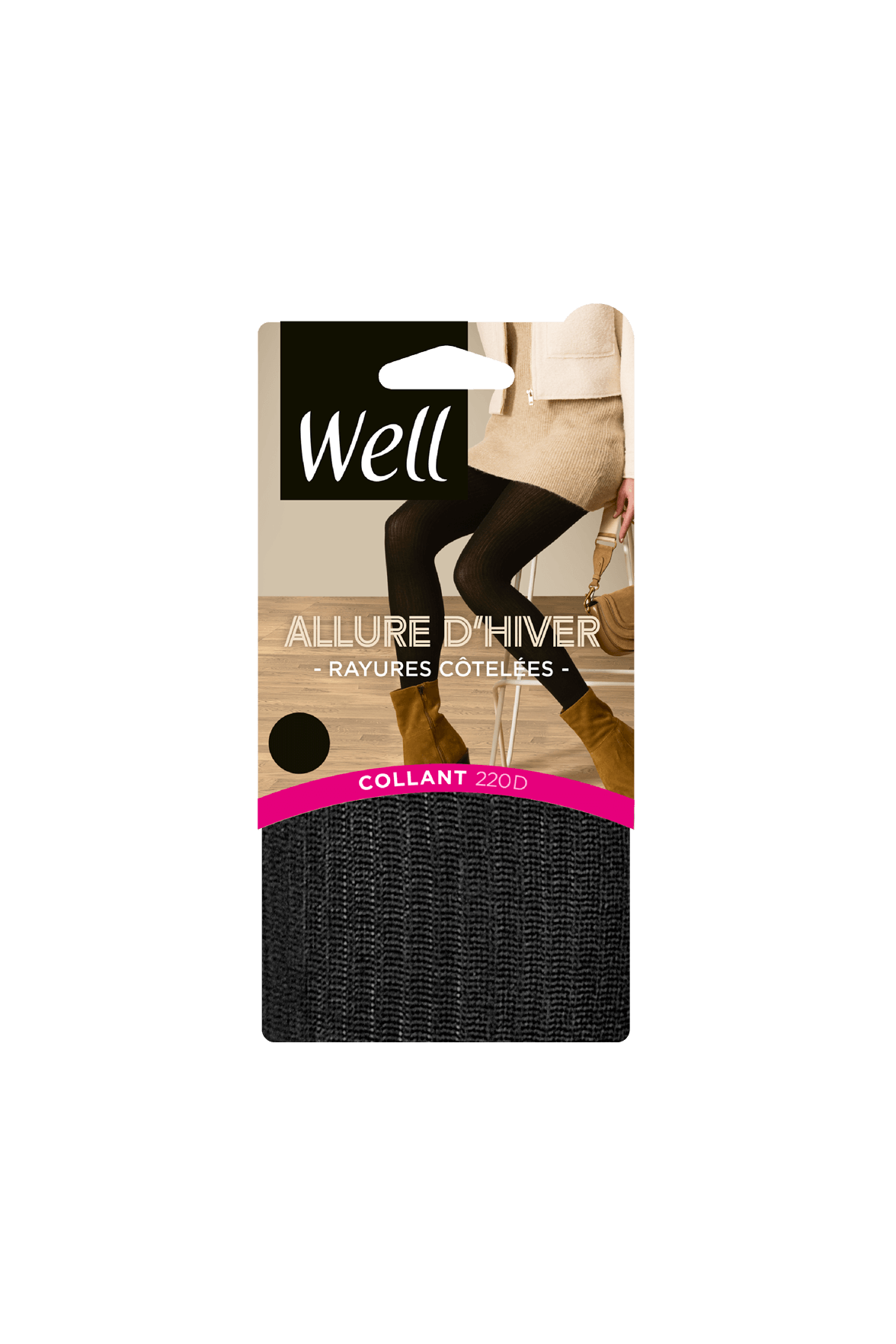 Collant opaque 180D Chaud Rayures Côtelées Allure d'Hiver - Noir ébène