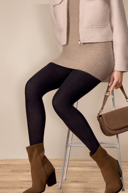 Collant opaque 180D Chaud Rayures Côtelées Allure d'Hiver - Noir ébène