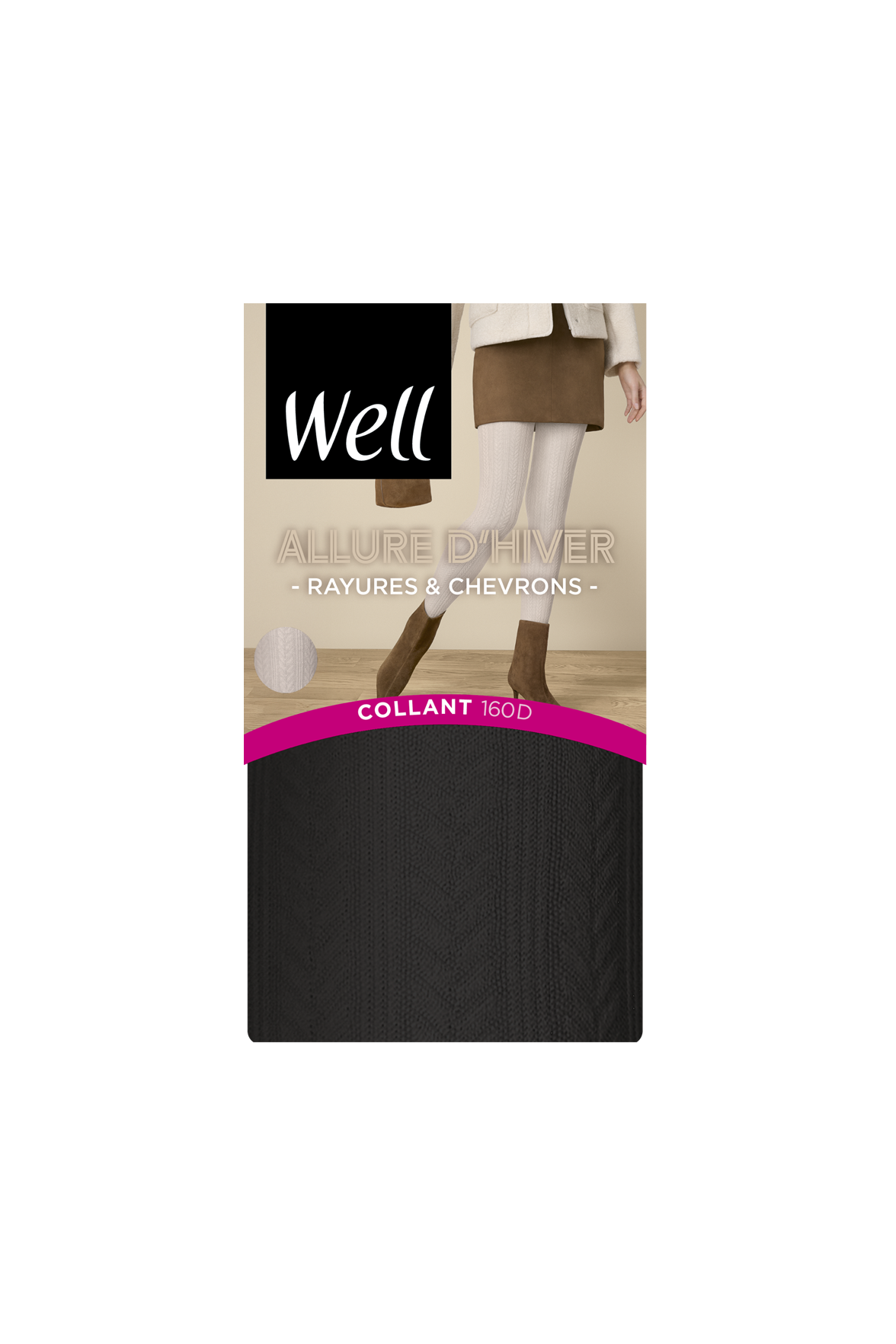Pack Collant Opaque Chaud 160D Rayures et Chevrons Allure d'Hiver - Noir ébène